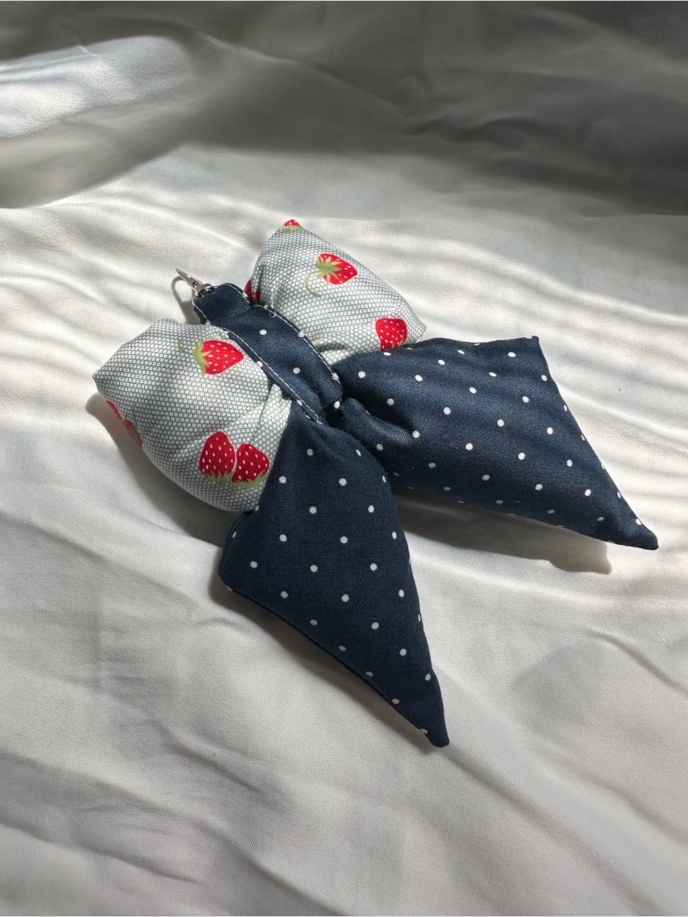 Navy Polka Dot & Strawberry Bow Keychain Charm